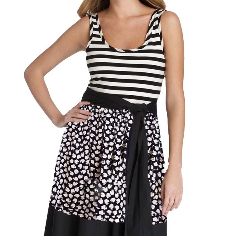 DKNY Black and White Striped and Spotted Dress with Bow Sash